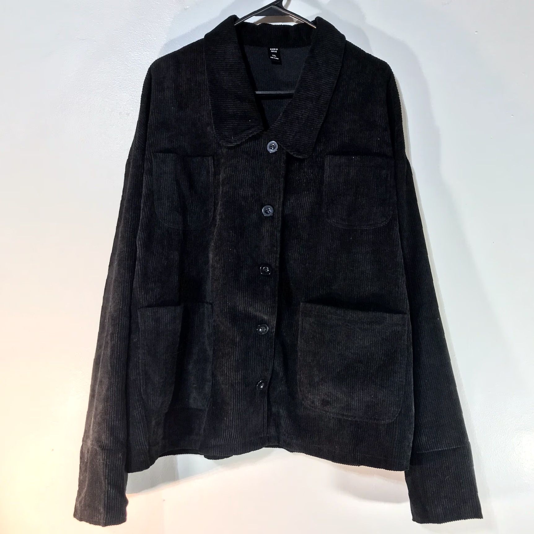 Shein SHEIN CURVE Plus Size 1X Black Corduroy Button Up Jacket for Women, Mid-Length, Long Sleeve, Casual, Workwear Size XL / US 12-14 / IT 48-50 - 2 Thumbnail