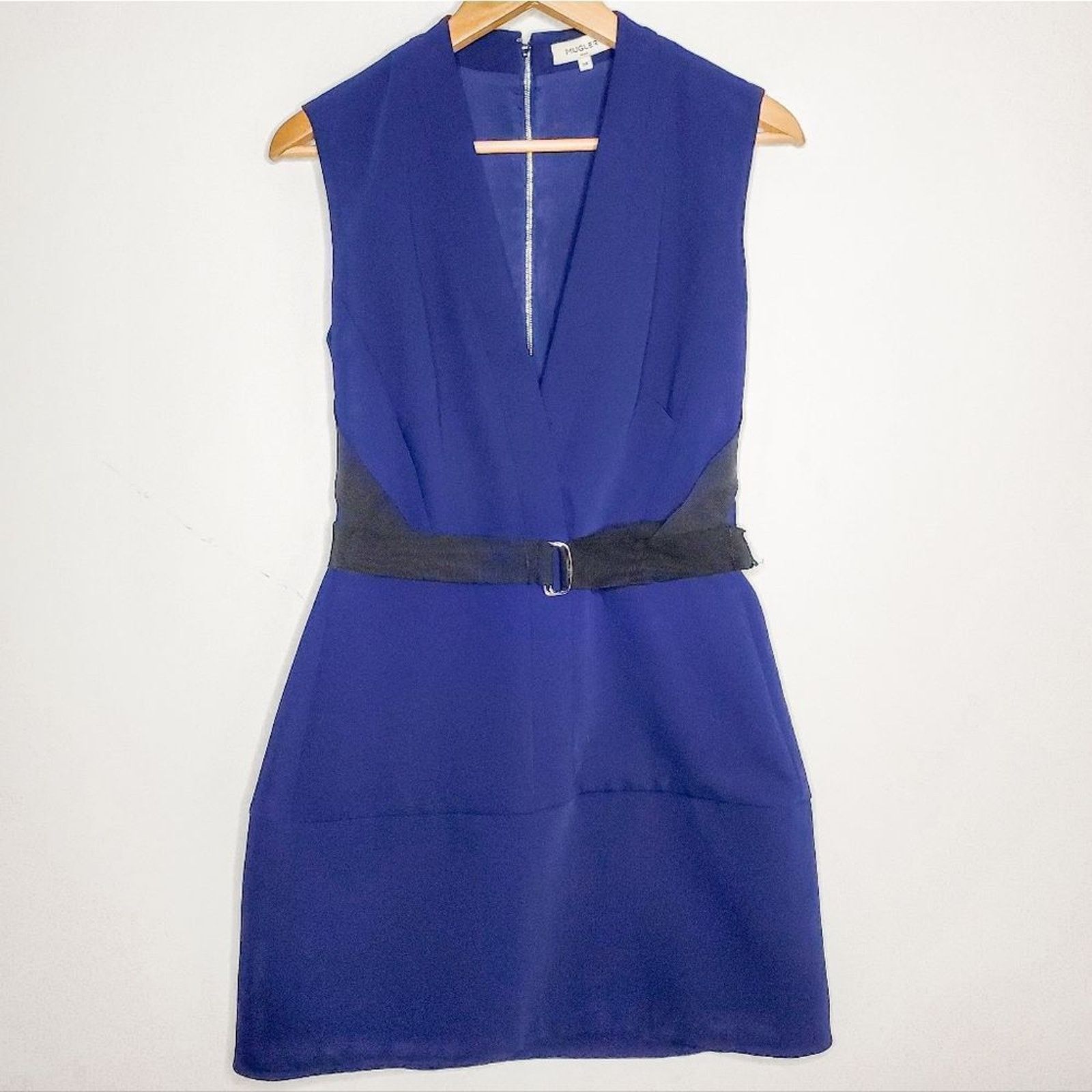 Mugler Mugler Blue Bonded Tailor A Line Belted Dress Size 38 US 6 Size S / US 4 / IT 40 - 2 Thumbnail
