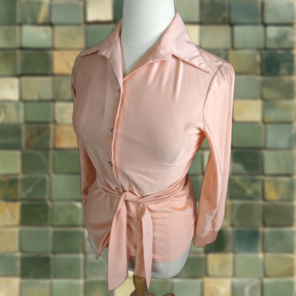 Pinko VINTAGE Qiana Blouse Shirt Pink Peach Tie Waist Button Up Large L1S Women's/Mens? Size L / US 10 / IT 46 - 1 Thumbnail