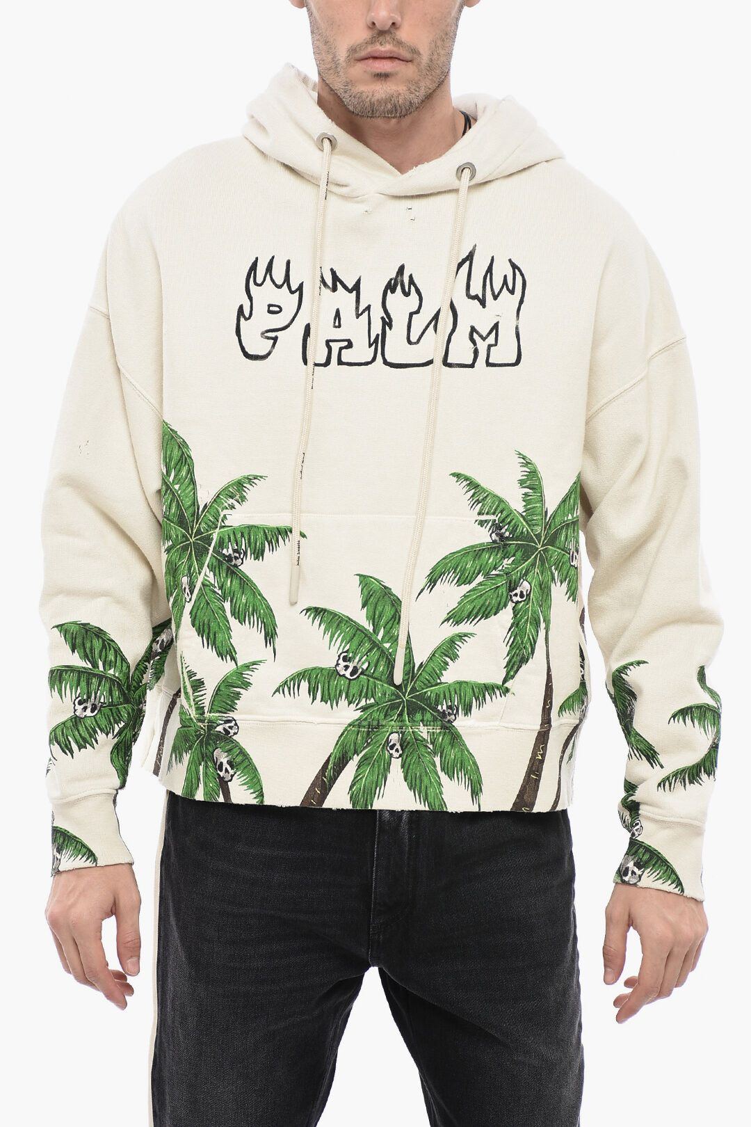 image of Palm Angels Og1Mm0524 Embroidered Vintage Effect Hoodie In Beige, Men's (Size Medium)