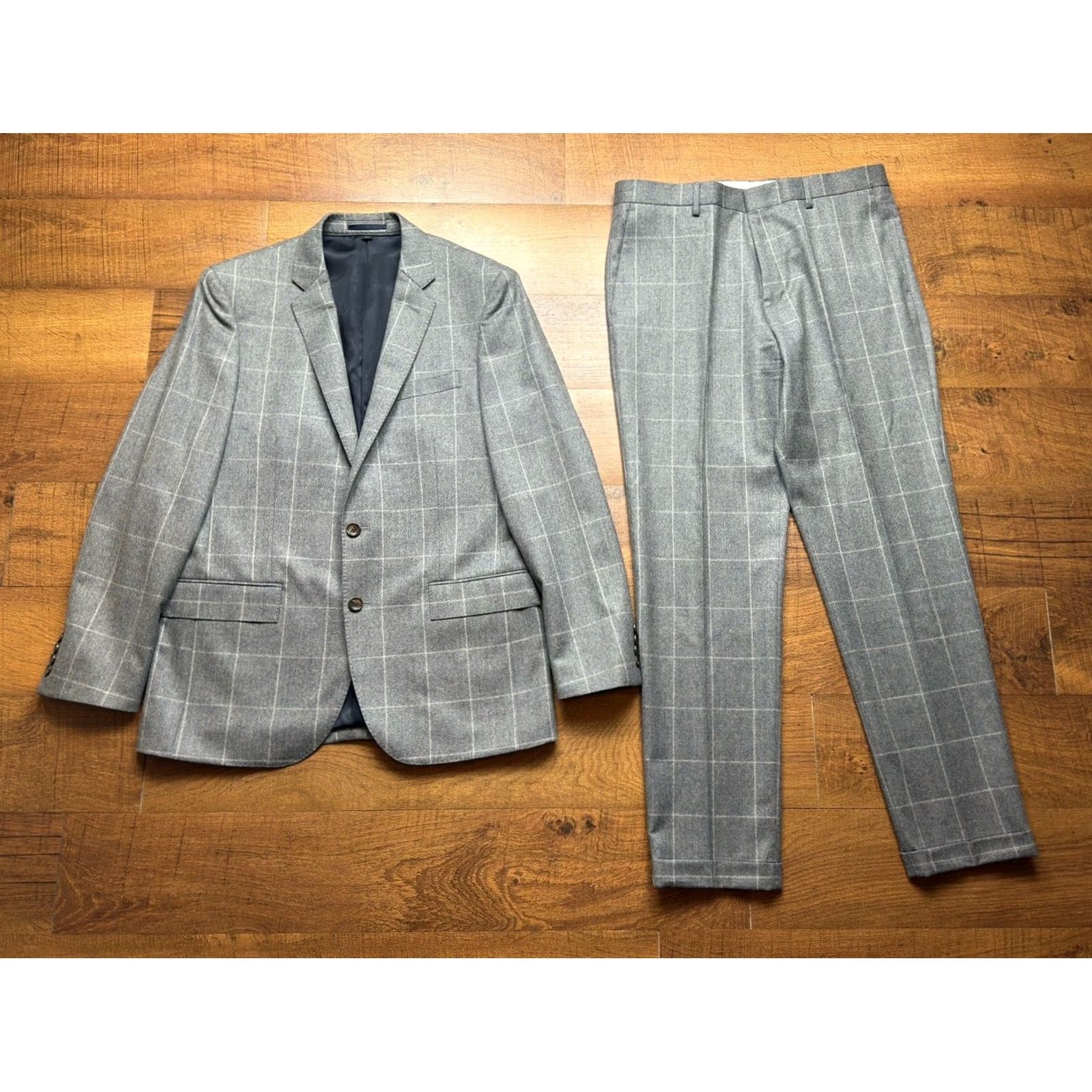 J.Crew J. Crew Ludlow Barberis Canonico Italy Dual Vent 2 Piece Suit 40R Gray Wool Windowpane Slim 40 Mens Size 34R - 2 Thumbnail