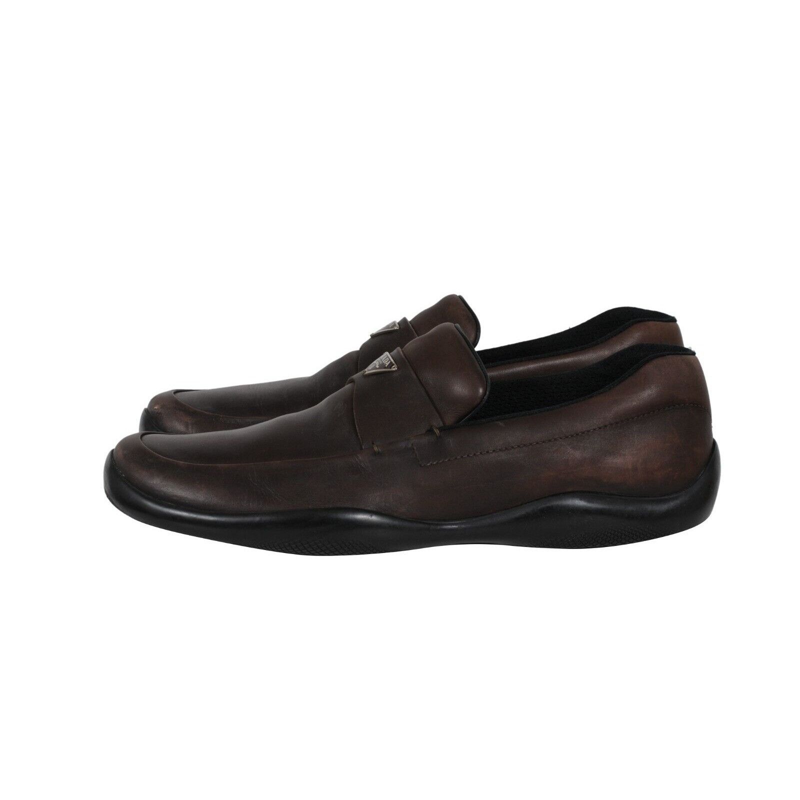 Prada Traingle Logo Plaque Loafers Brown Leather - 01768 Size US 11 / EU 44 - 4 Thumbnail