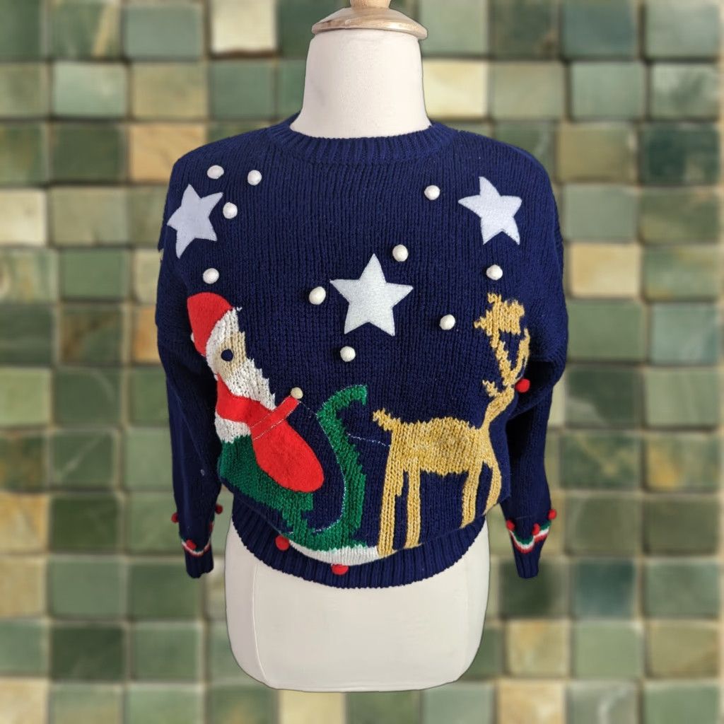 Vintage VINTAGE Ugly Christmas Sweater Knit Holiday Santa Rudolph Pullover Women L Blue Crew Neck Womens Size L / US 10 / IT 46 - 1 Thumbnail