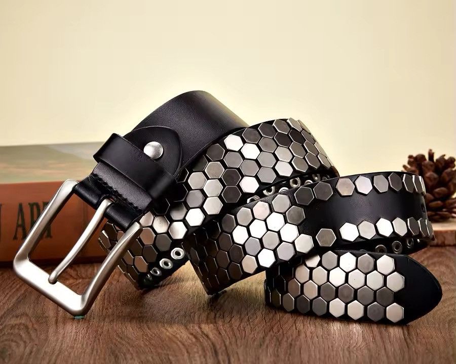 Leather 110 cm Rivet Studded Belt Size ONE SIZE - 3 Thumbnail