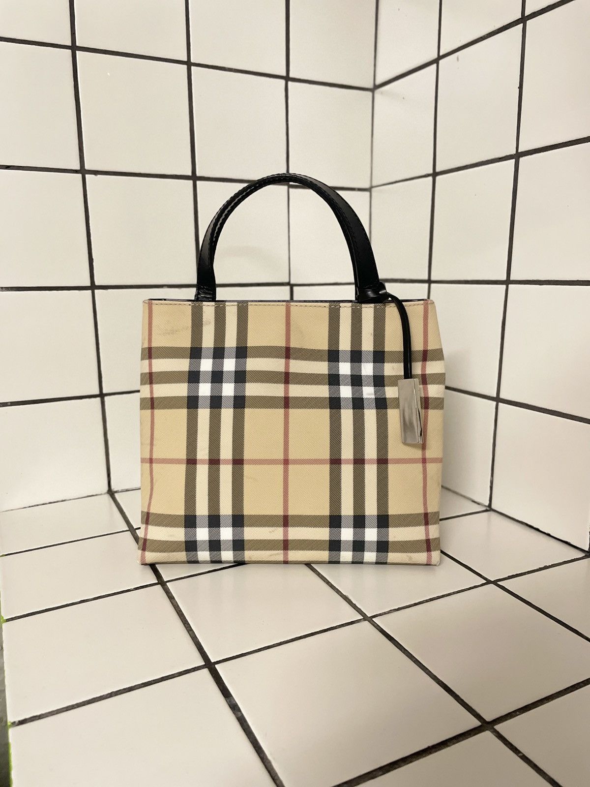 Burberry VTG BURBERRY Nova Check Leather-Canvas Tote Hand Bag Purse S Size ONE SIZE - 2 Thumbnail