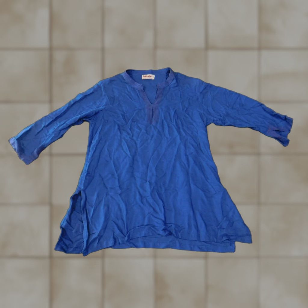 Vintage Fabindia Tunic Blouse Womens L Blue Cotton V-Neck Boho Ethnic Shirt Top Regular Fit Size L / US 10 / IT 46 - 1 Thumbnail