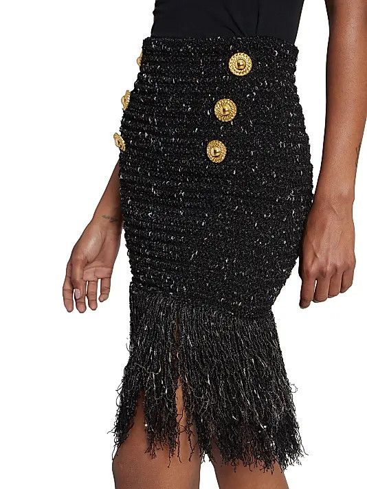 Balmain o1s1wg110825 Tweed Fringe Midi Skirt in Black Size 27" / US 4 / IT 40 - 5 Thumbnail