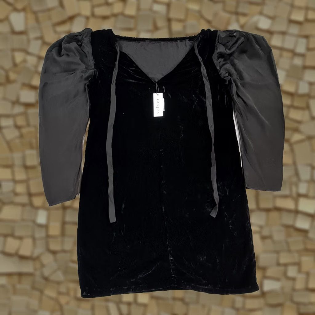 Velvet Velvet by Graham & Spencer Dress Womens Black Velour Puff Shoulders Mini Long Sleeve Boat Neck Party/Cocktail XS - New with Tags Size S / US 4 / IT 40 - 1 Thumbnail