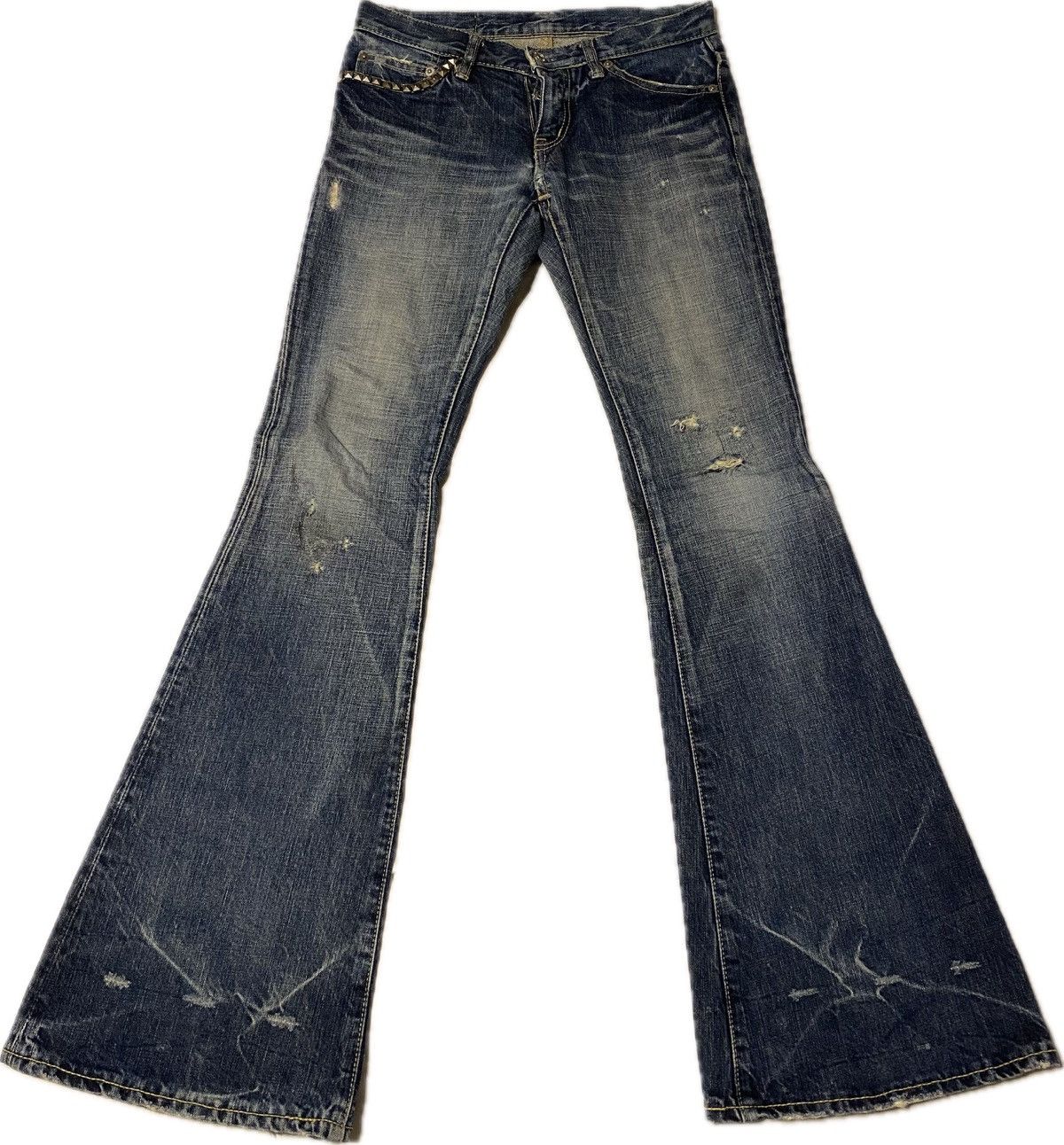 image of Distressed Denim x Hysteric Glamour Flaredhysteric Glamour Distressed Studded Low Rise Jeans in Blu