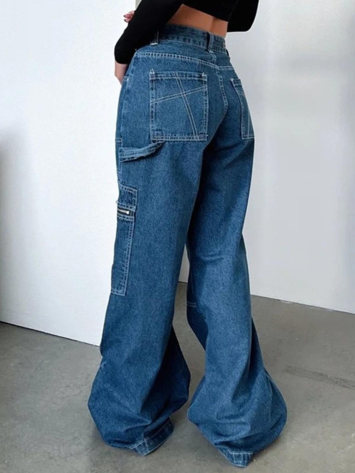 Other Wide Leg Dark Blue Denim Cargo Jeans Zipper Pockets S,M,L,XL Size 32" / US 10 / IT 46 - 5 Thumbnail