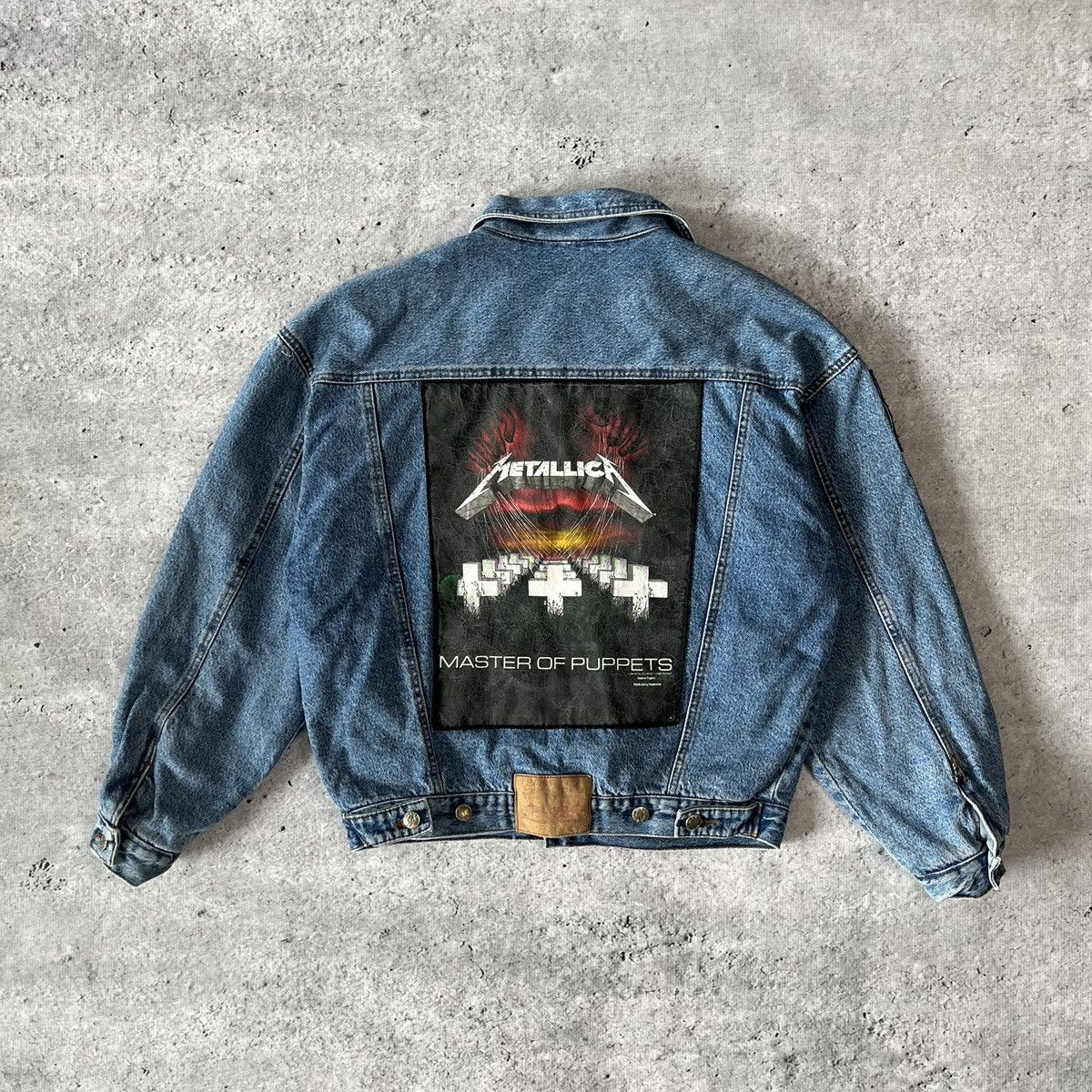 image of Rock Band x Vintage Metallica Patch Trucker Jacket L 90's in Blue, Men's (Size Large)