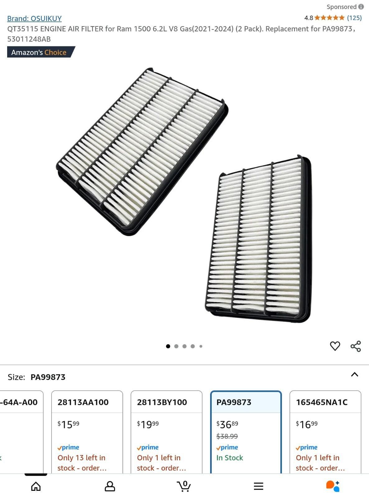 Other 2x Engine Air Filter for Ram 1500 6.2L V8 2021-2024 QT35115 Size ONE SIZE - 2 Thumbnail