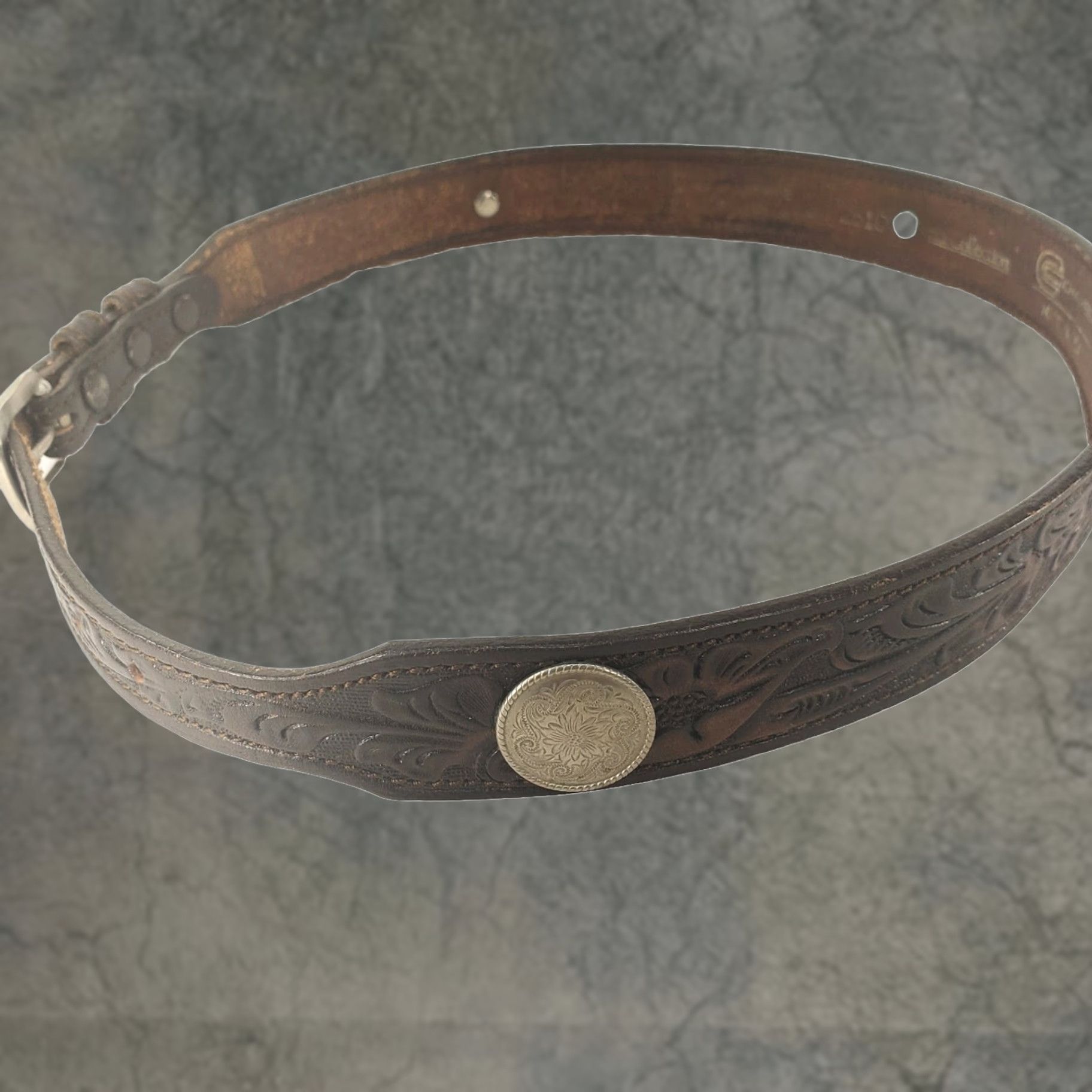 Vintage Chamber Collection Women Belt Brown Tooled Leather 1” Silver Conchos Size 30 Western Buckle Adjustable Vintage: No Size ONE SIZE - 1 Thumbnail