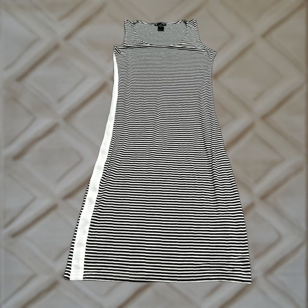 AQUA Aqua Dress Womens Large Black White Stripe Midi Bodycon Sleeveless Knit Polyester Rayon Spandex Casual 90s? (note: ensure no new info) Size L / US 10 / IT 46 - 1 Thumbnail