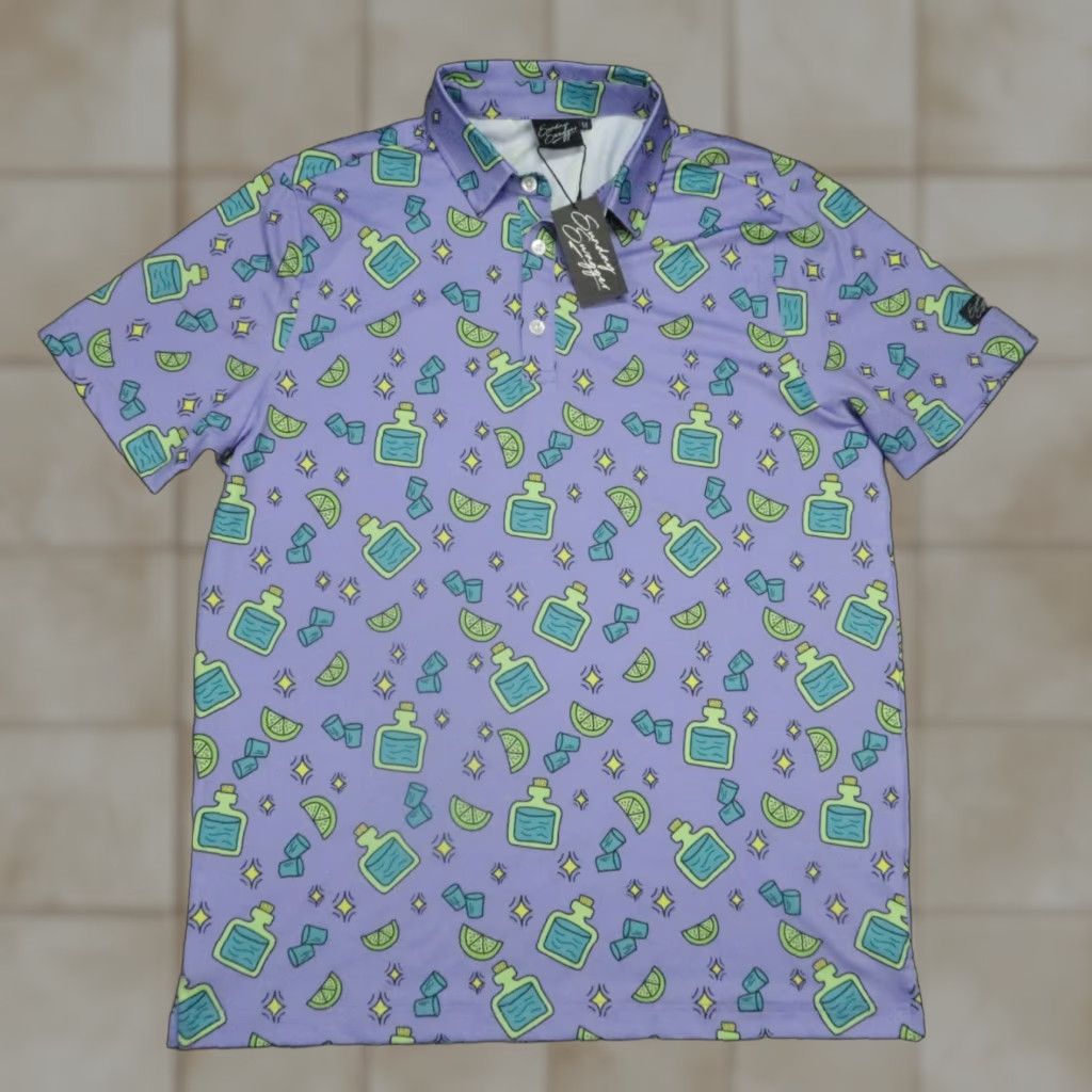 Vintage Sunday Swagger Shirt Mens Medium Polo NWT Purple Geometric Breathable Performance Golf Short Sleeve Button Closure 42in Chest Size US M / EU 48-50 / 2 - 1 Thumbnail