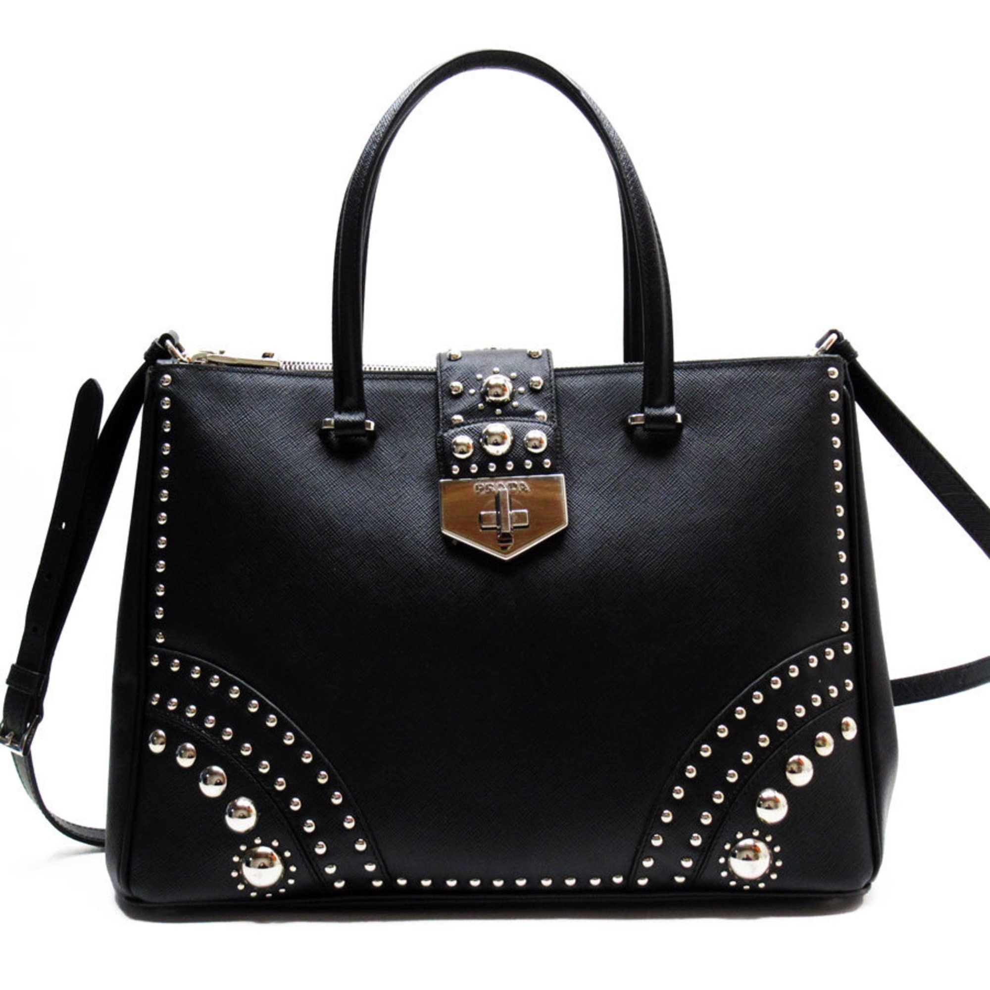 image of Prada Handbag Shoulder Bag Studded Leather/metal Black/silver Ladies, Women's