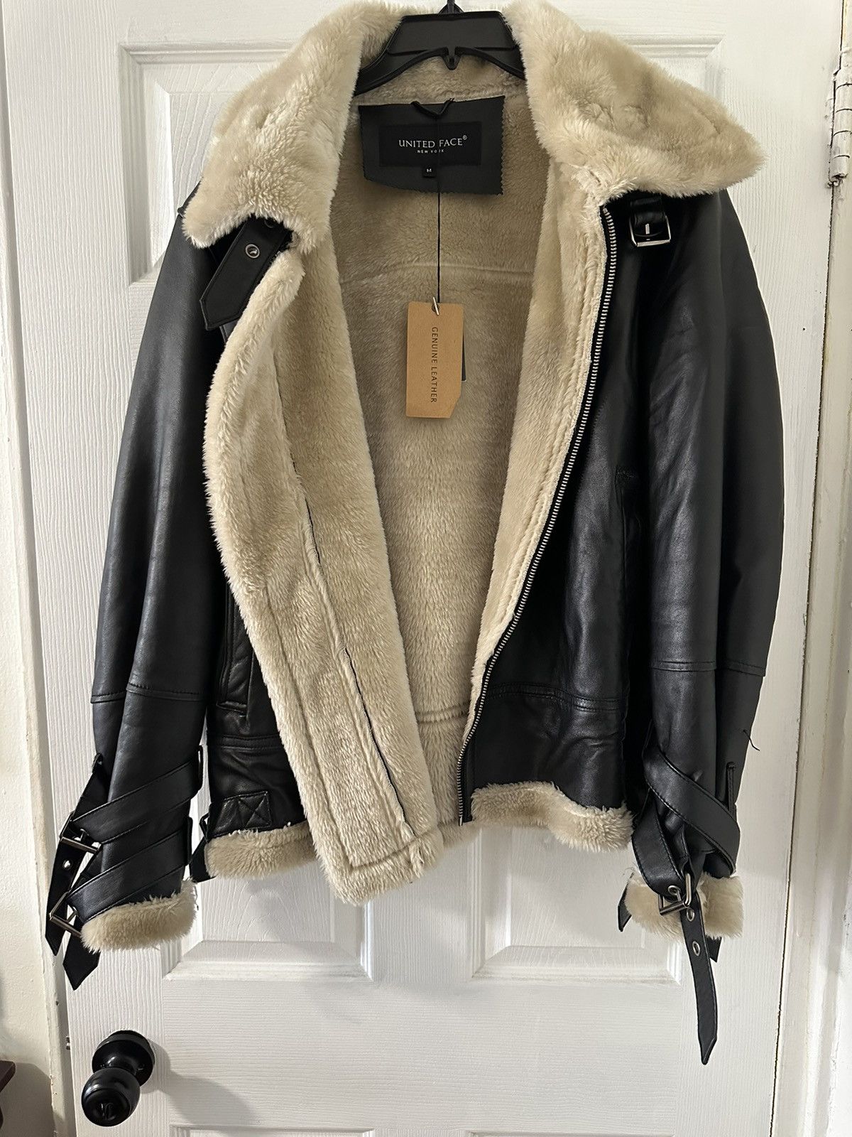 image of Leather Jacket x Nordstrom Black Leather Shearling W/ Sheep Skin By United Face, Men's (Size Medium