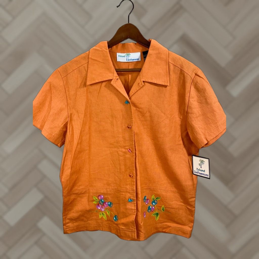 Vintage Island Influence Orange Womens Button-Down Short Sleeve Casual Shirt 10 Adult Regular Linen Blend Solid Collar Down Size L / US 10 / IT 46 - 1 Thumbnail