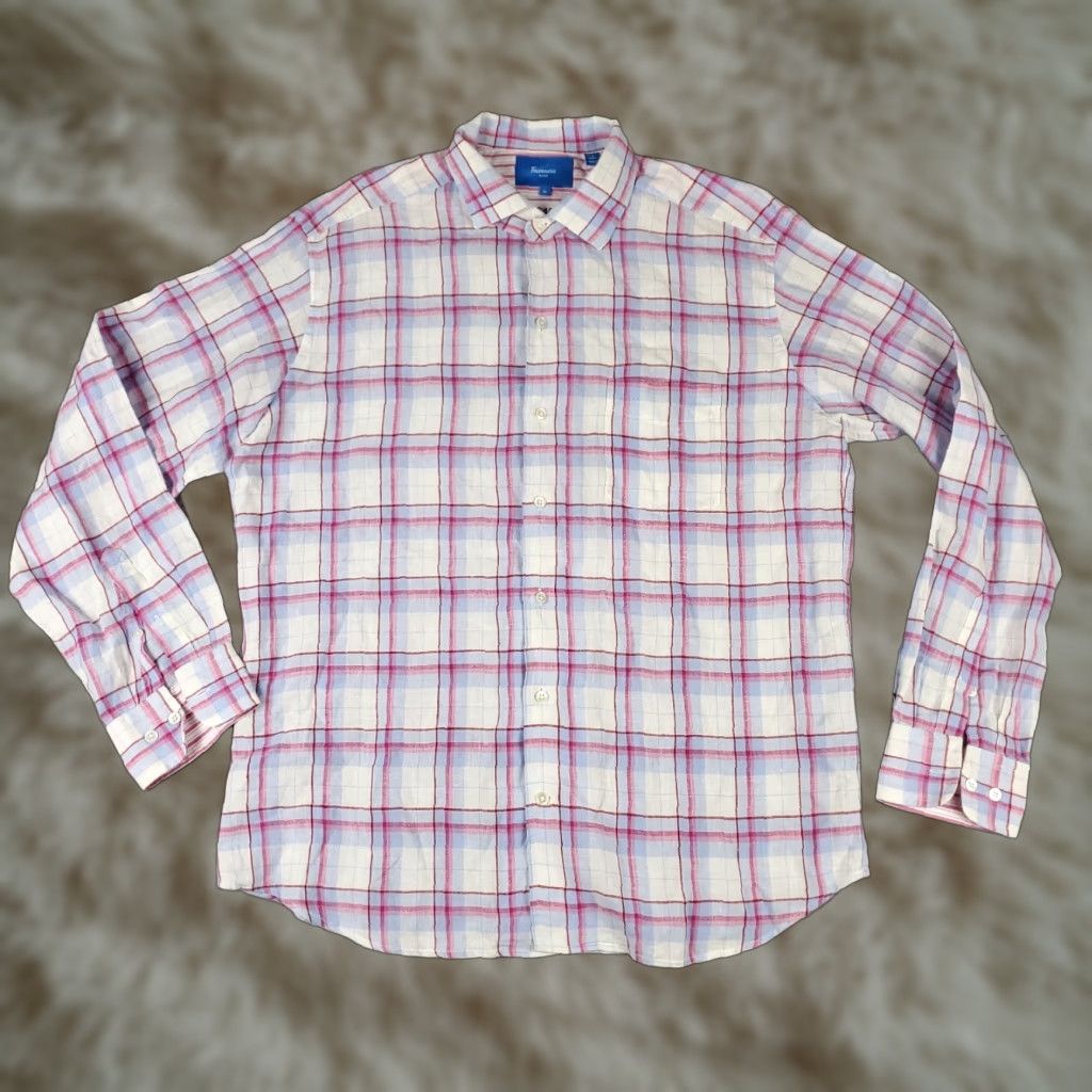 Faconnable Faconnable Shirt Mens XL Blue Plaid Linen Casual Button Up Long Sleeve Size US XL / EU 56 / 4 - 1 Thumbnail