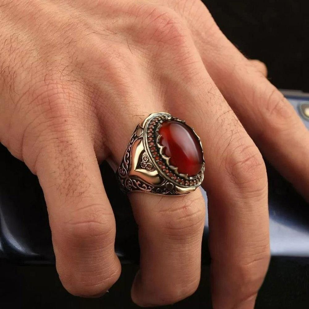 Designer Men's Retro Handmade Turkish Red Agate Ring - Size 9 Size ONE SIZE - 3 Thumbnail