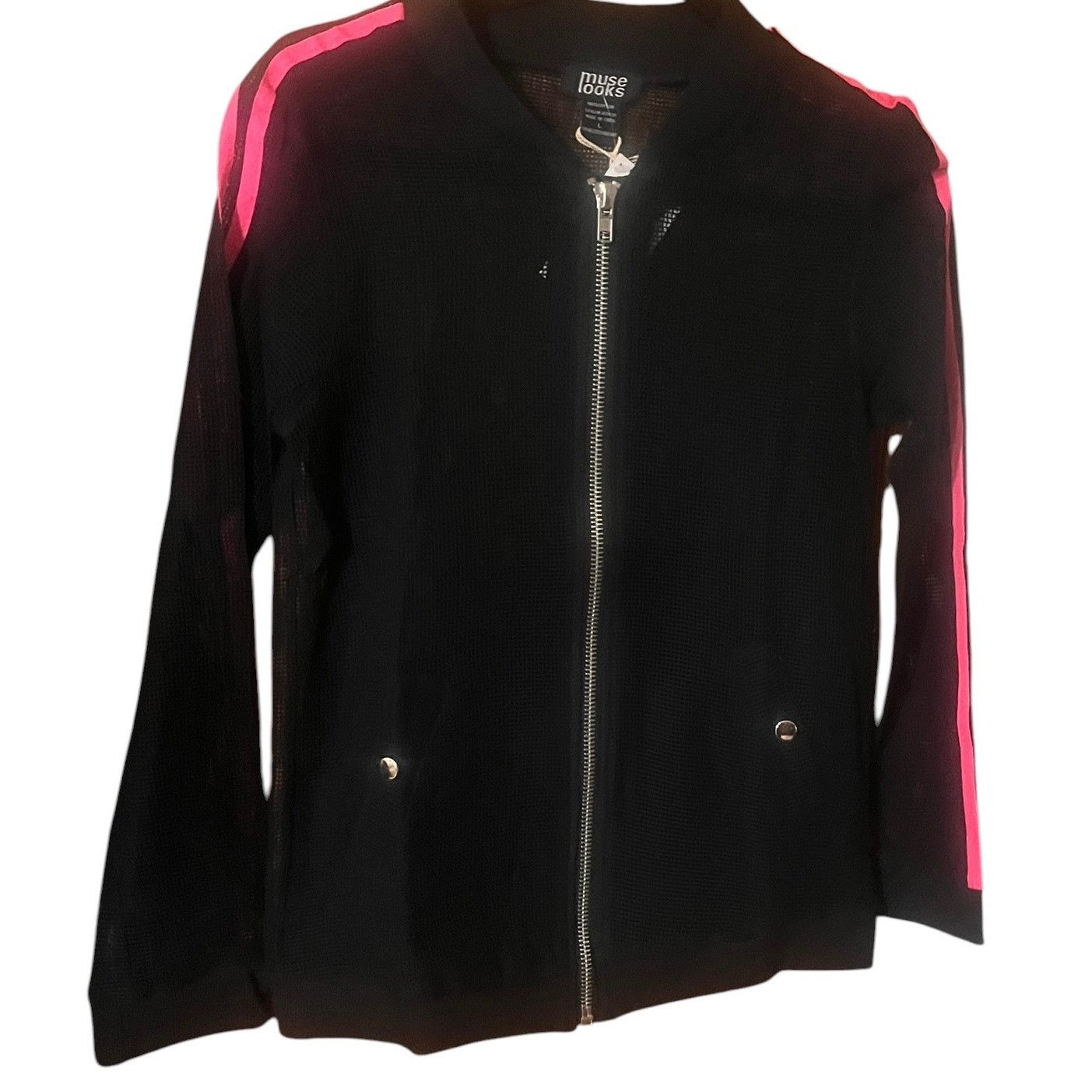 Other Muse Looks Black Mesh Jacket With Pink Stripes Size L NWT Size L / US 10 / IT 46 - 1 Thumbnail