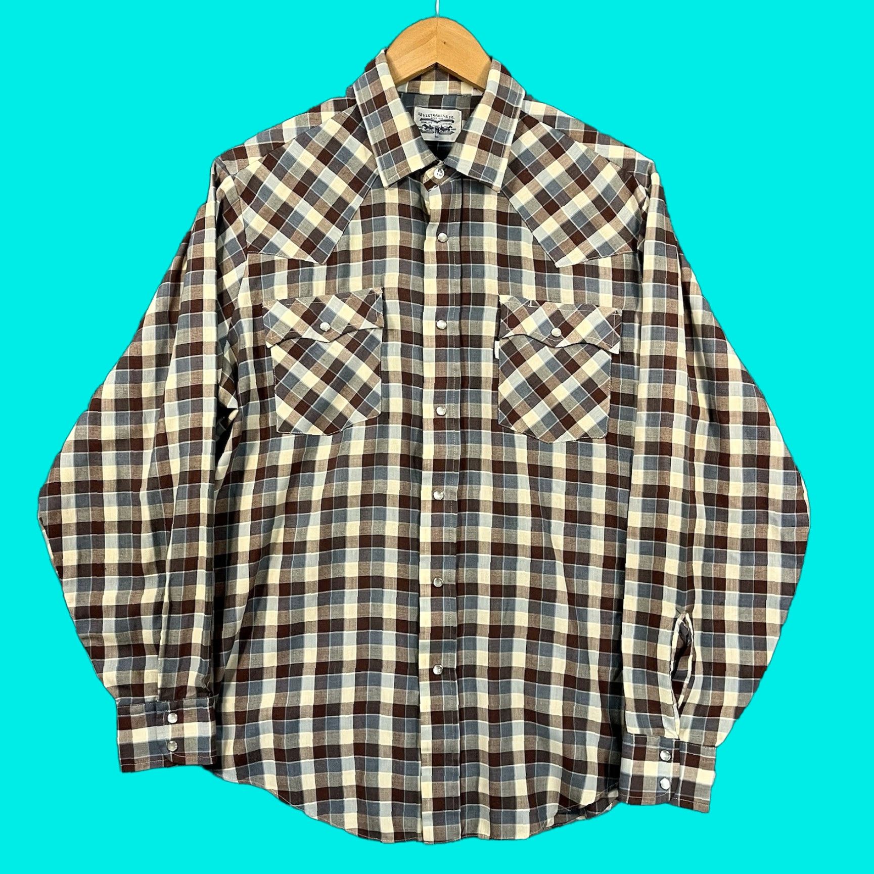 Levi's VINTAGE Levi's Western Shirt Mens Large Brown Plaid Pearl Snap Cowboy 80s Size US L / EU 52-54 / 3 - 1 Thumbnail