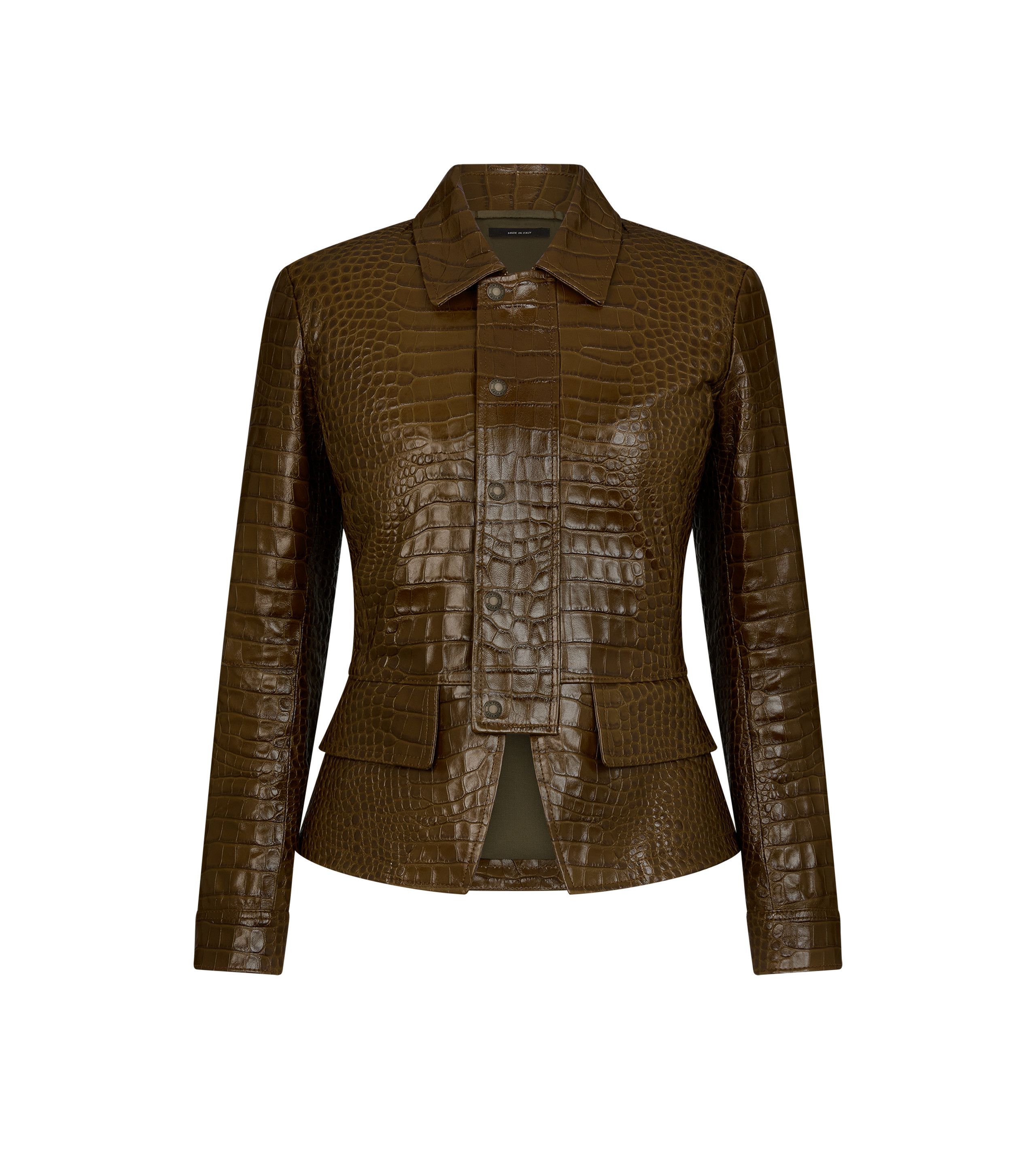 o1w1db10525 GIL533 Embossed Leather Fitted Jacket in Brown