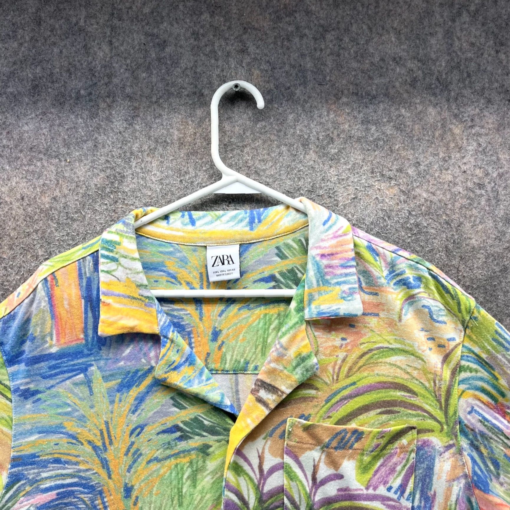 Zara Zara Shirt Mens Large Green Short Sleeve Button Down Palm Tree Tropical Art RARE Size US L / EU 52-54 / 3 - 6 Thumbnail