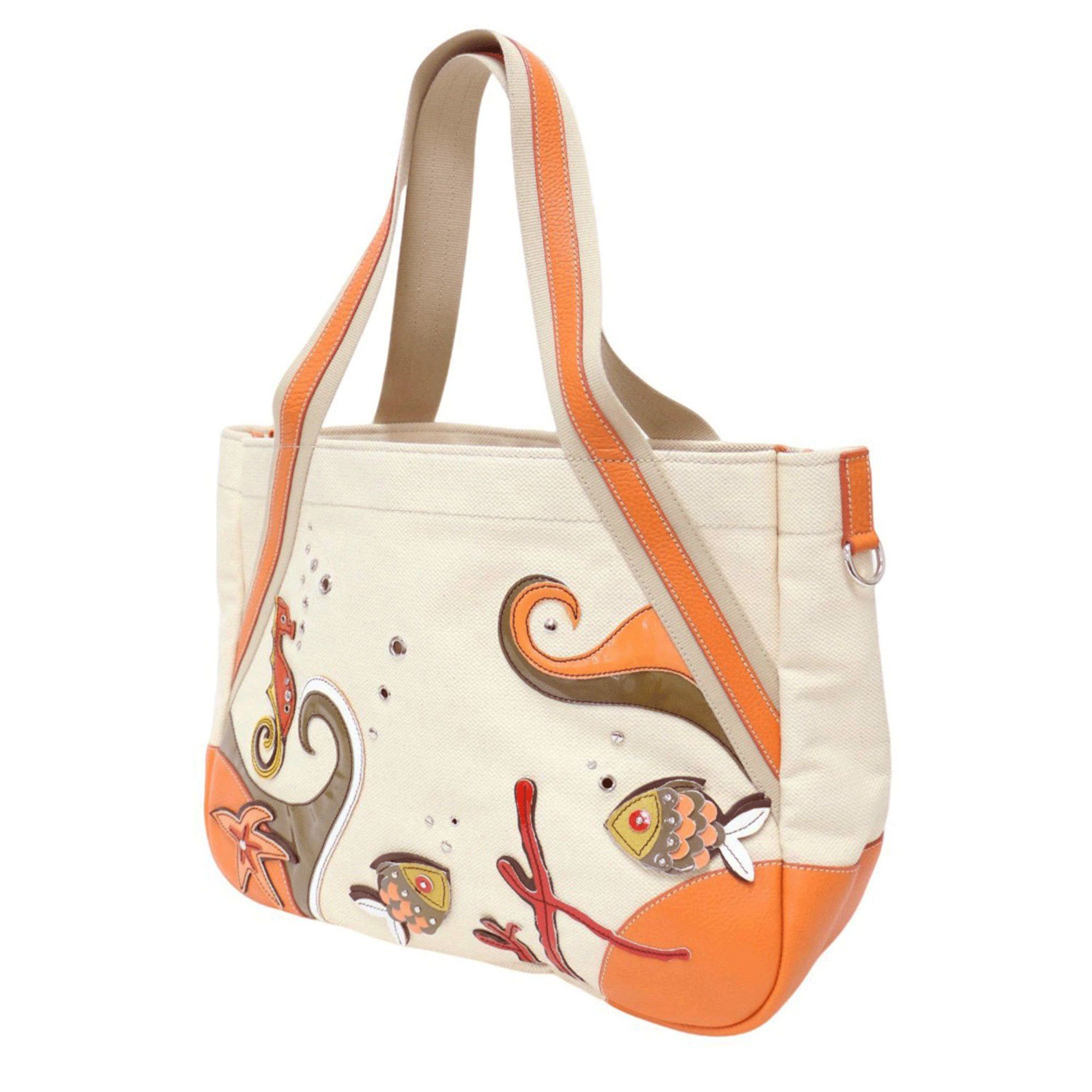 Prada Bag Off-White Orange Canvas Leather Combination Tote Br2971 Shoulder Seahorse Fish Motif Women's