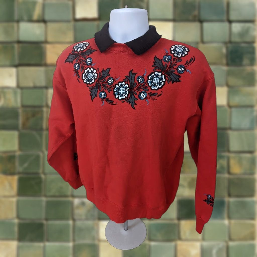 Hanes VINTAGE 90s Norwegian Floral Graphic Collar Sweatshirt Size L USA Unisex Size L / US 10 / IT 46 - 1 Thumbnail