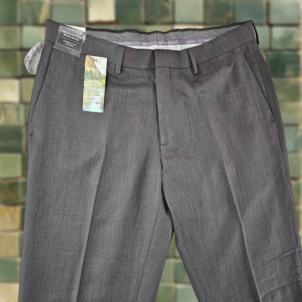 Haggar Haggar Dress Pants Mens 36x29 Gray Slim Fit Premium Stretch Flat Front Dress Pants Mens Slim Gray 36 29 Modern Classic Size US 36 / EU 52 - 1 Thumbnail