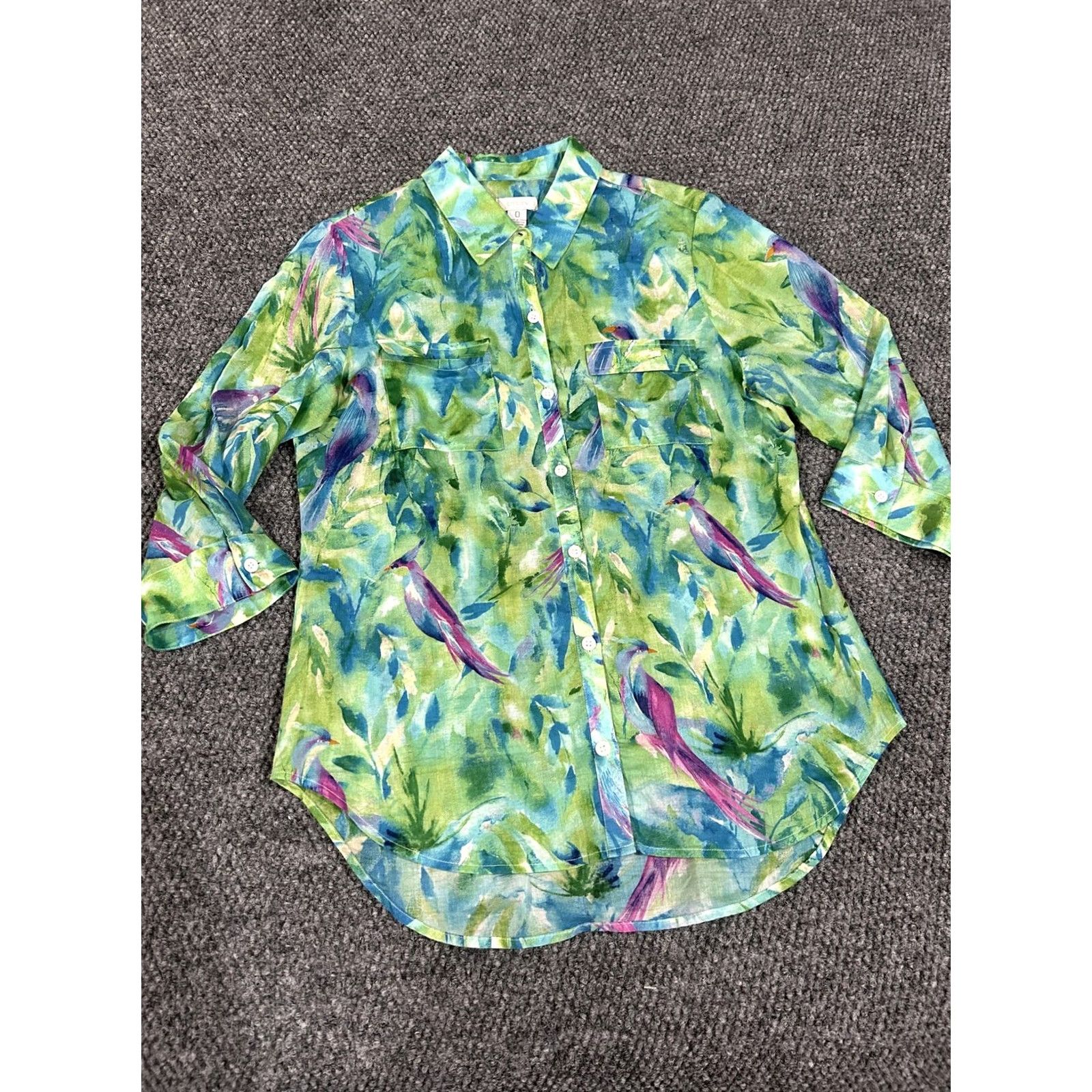 Vintage Chico's Shirt Womens 0 Green Bird Tropical Print Button Front 3/4 Sleeve Top Size XS / US 0-2 / IT 36-38 - 2 Thumbnail