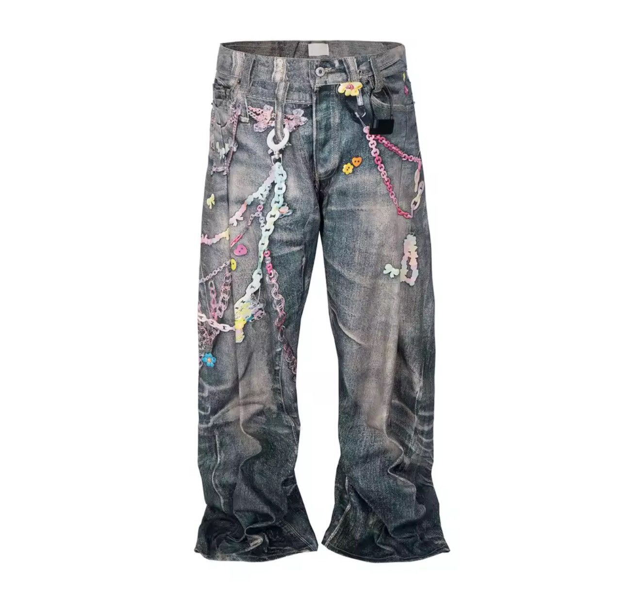 Design Blue 3D Printed Chain Washed Baggy Jeans