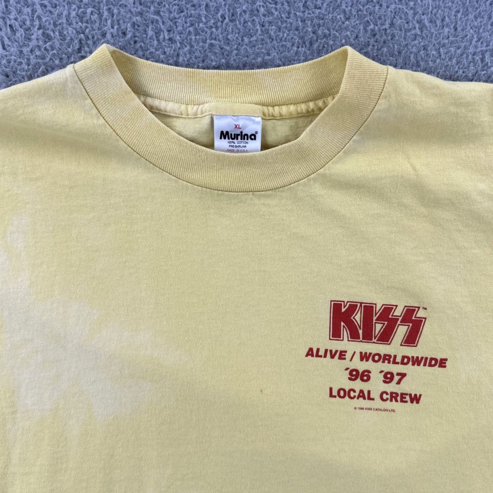 Vintage VINTAGE Murina Mens XL Yellow Stitch USA Made Shirt 1996 Kiss Alive Local Crew Tee Size US XL / EU 56 / 4 - 5 Thumbnail