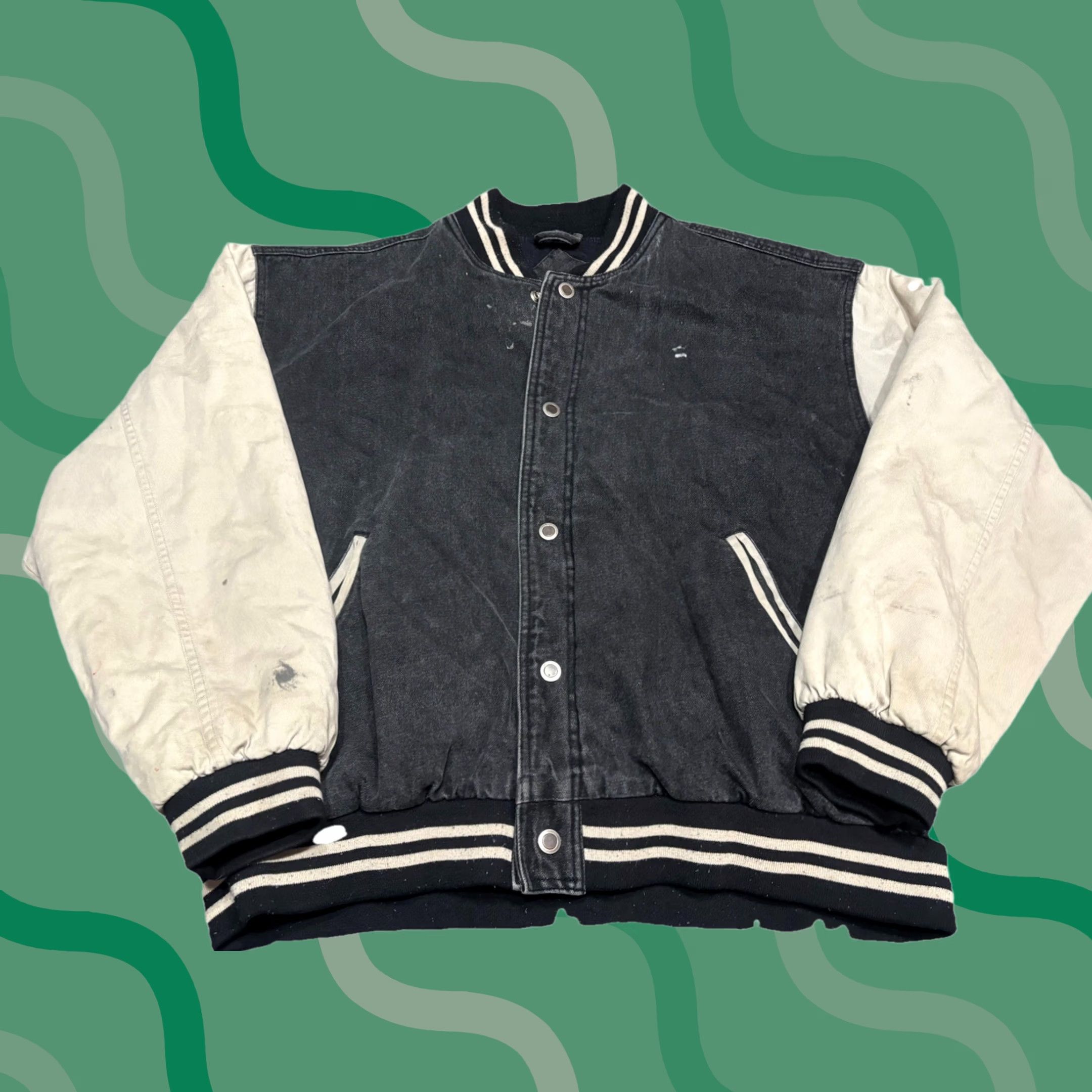 Denime Vtg Denim Varsity Bomber Jean Jacket Mens XL Multi-Color Color Block Lined Sz XL M3 Yukon Trail Cotton Blend 1990s Distressed Basic Jacket Size US 36 / EU 52 - 1 Thumbnail