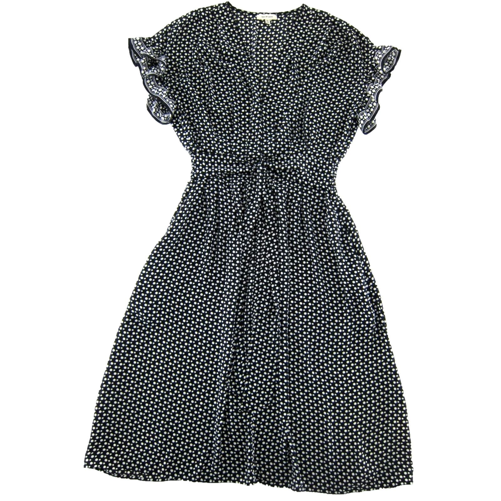 Vintage Max Studio Black White Polka Dot Short Ruffle Sleeve V-Neck Midi Tie Dress M Size M / US 6-8 / IT 42-44 - 2 Thumbnail