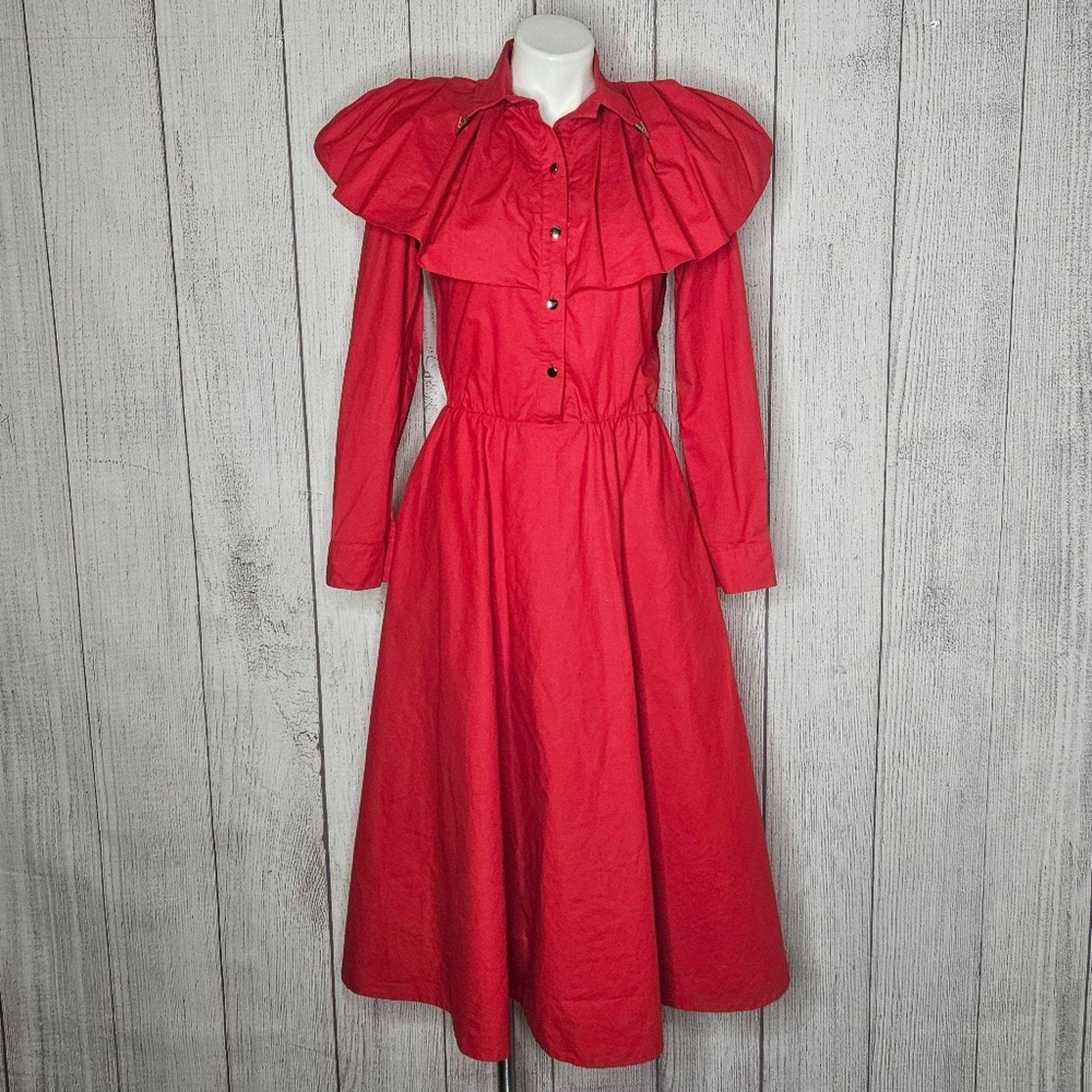 Vintage VTG Lilia Smitty Red Western Shirt Dress Ruffle Yoke Collar Size S / US 4 / IT 40 - 1 Thumbnail