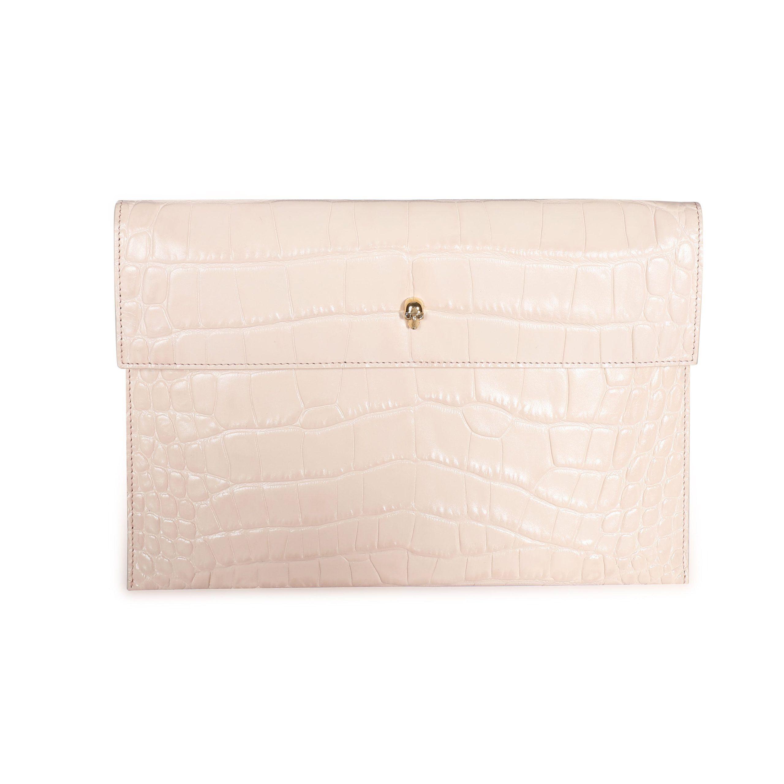 image of Alexander Mcqueen Blush Crocodile-Embossed Leather Skull Pouch in Pink, Women's