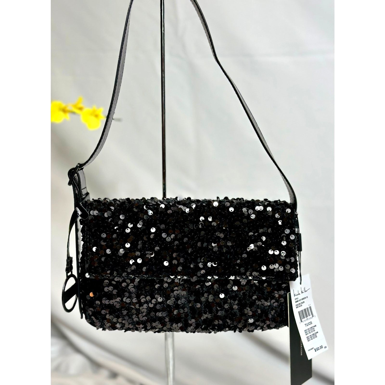 Nicole Miller Sequined Shoulder Bag Adjustable Strap Black, Women's