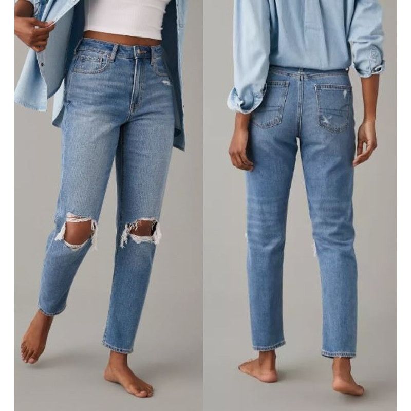 American Eagle Outfitters American Eagle High Rise Ripped Mom Jeans Denim 14 Short Size 36" / US 14 / IT 50 - 1 Thumbnail
