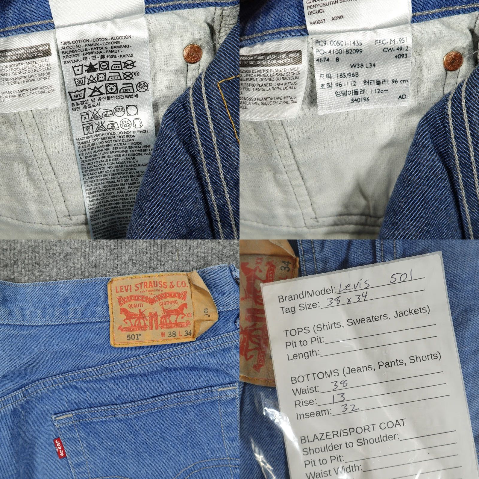 Levi's Levi's 501 Jeans Mens 38x34 Blue Denim Button Fly Straight Leg Regular Rise 5-Pocket Size US 38 / EU 54 - 8 Thumbnail