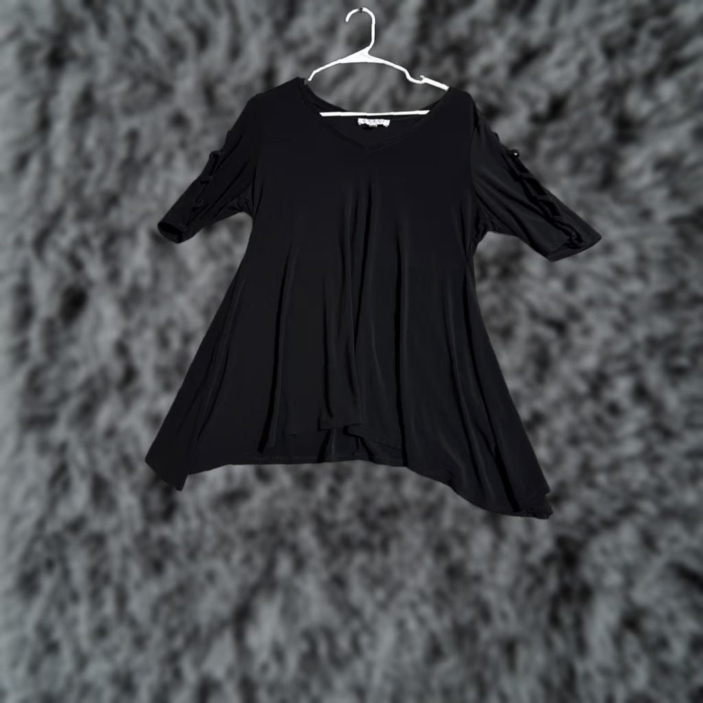 Vintage Chaus Tunic Top Blouse Womens Large L Black Short Sleeve Scoop Neck Pullover Casual, Travel All Seasons Easy Care Stretch Size L / US 10 / IT 46 - 1 Thumbnail
