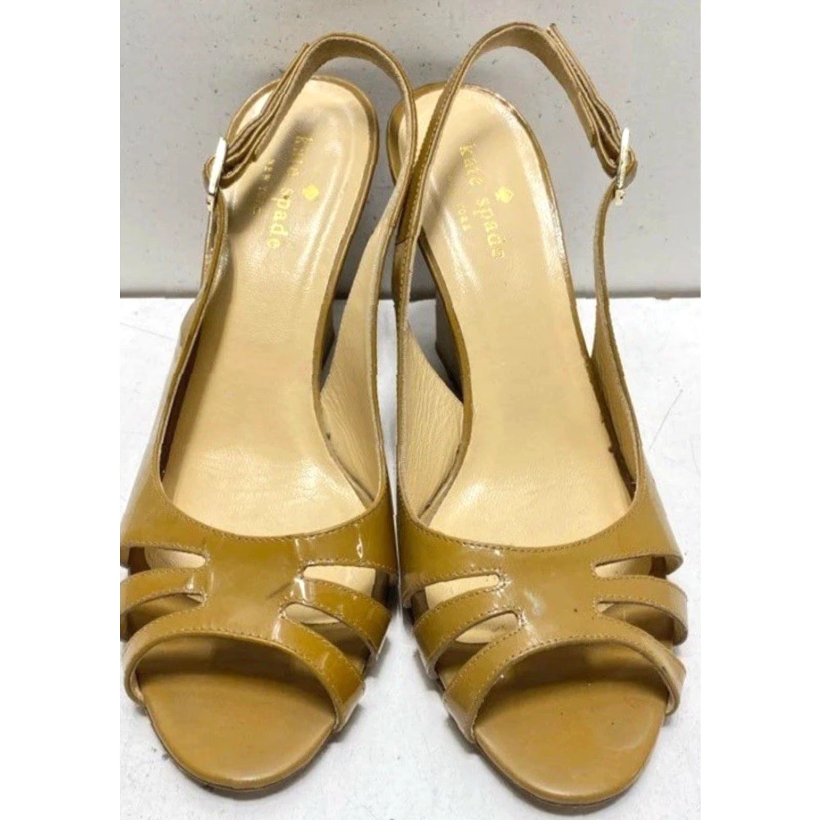 Vintage VINTAGE Women’s Kate Spade Mustard Yellow Patent Leather Slingback Wedge Heels 7.5 Womens Size US 8 / IT 38 - 3 Thumbnail