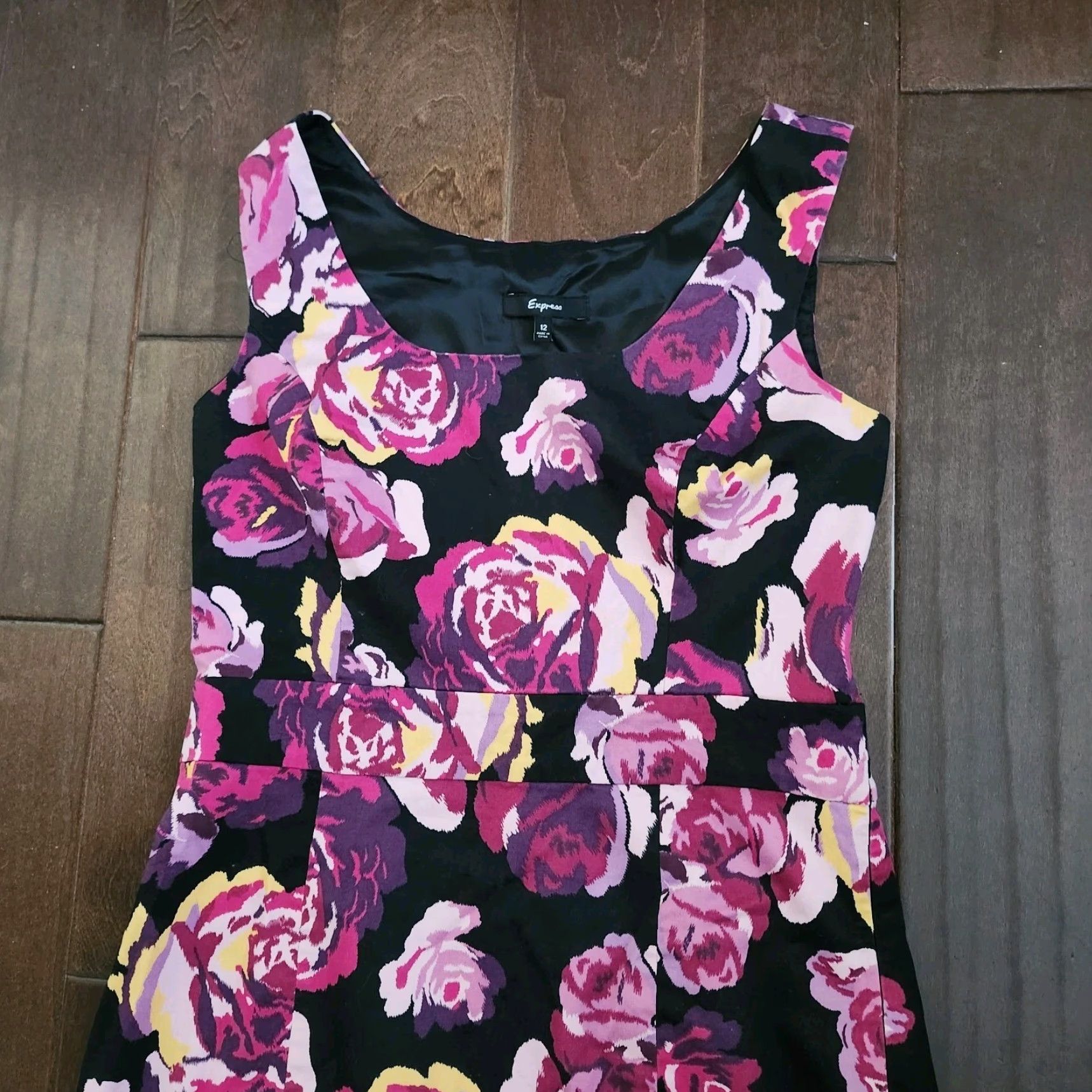 Express VINTAGE Express Womens 12 Floral Fit Flare Dress Pink Black Size XL / US 12-14 / IT 48-50 - 5 Thumbnail