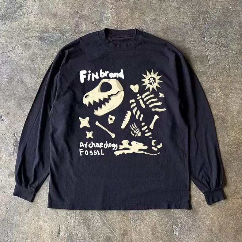 Vintage Black casual retro dinosaur bone print long-sleeved t-shirt Size US M / EU 48-50 / 2 - 1 Thumbnail