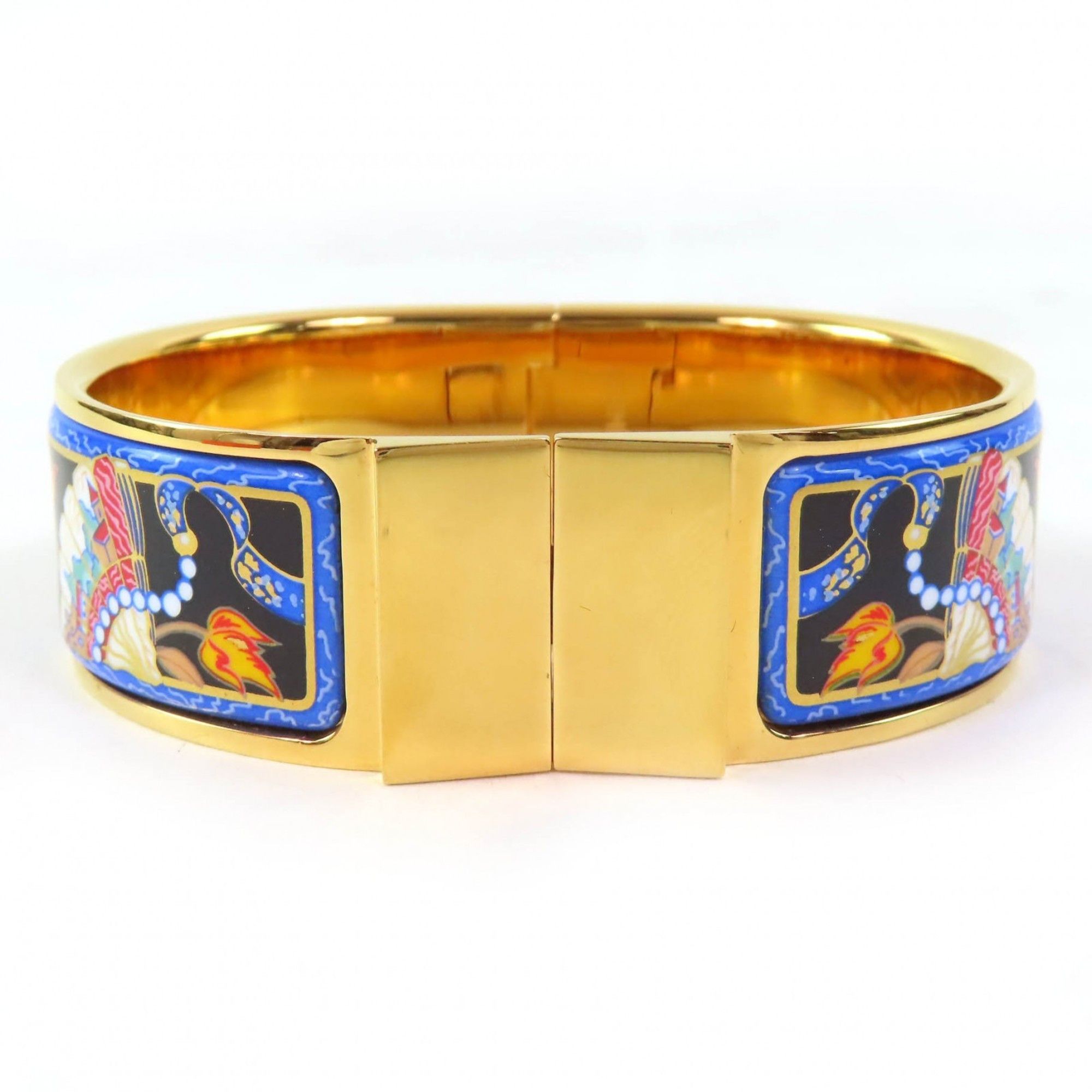 Hermes HERMES Roque Enamelled GM Fan Pattern Cloisonné Bangle Bracelet in Gold and Multicolor, with Box, for Women Size ONE SIZE - 1 Thumbnail