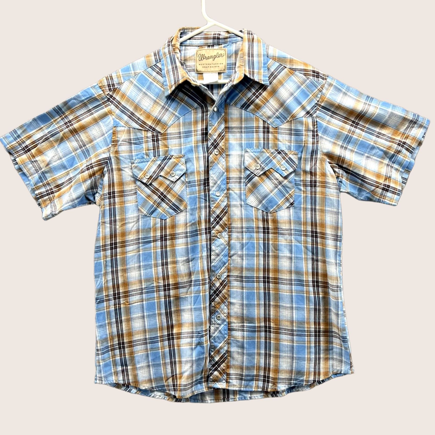 Wrangler VINTAGE Wrangler Western Shirt Mens Large Blue Brown Plaid Short Sleeve Pearl Snap Shirt Size US L / EU 52-54 / 3 - 1 Thumbnail