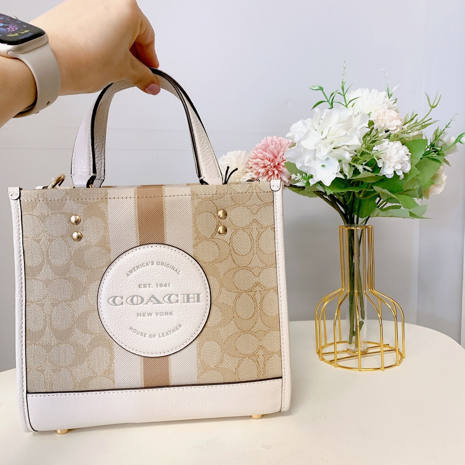 image of Coach C8417 Dempsey Tote 22 In Sig Jacquard Stripe Patch in White, Women's