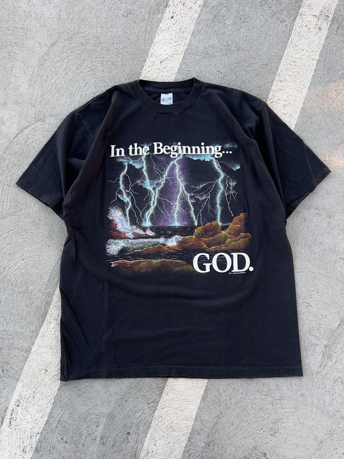 image of Very Vintage 1991 Vintage In The Beginning God Jesus Tee in Black, Men's (Size 2XL)