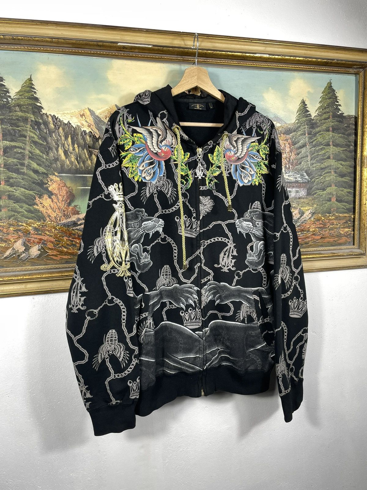 Christian Audigier × Ed Hardy × Vintage Ed Hardy Retro 00s Hoodie With Crystals Affliction Grunge Size XXL / US 16-18 / IT 52-54 - 4 Thumbnail